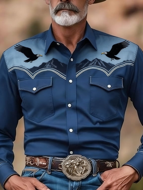 Men's Vintage Western Cowboy Shirt Long Sleeve - Navy Blue Mountain Eagle Graphic Button Down Shirt, Breathable Lightweight Western Wear for Outdoor, Work & Casual Wear