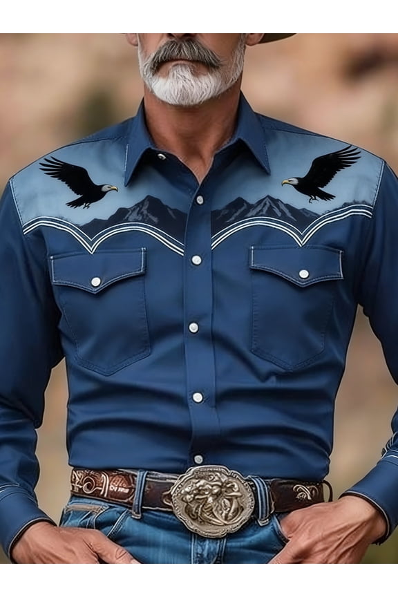 Men's Vintage Western Cowboy Shirt Long Sleeve - Navy Blue Mountain Eagle Graphic Button Down Shirt, Breathable Lightweight Western Wear for Outdoor, Work & Casual Wear