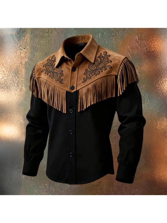 Men's Vintage Western Fringe Suede Jacket, Cowboy Style Button Down Long Sleeve Top, for Theme Party And Retro Street Wear Black L