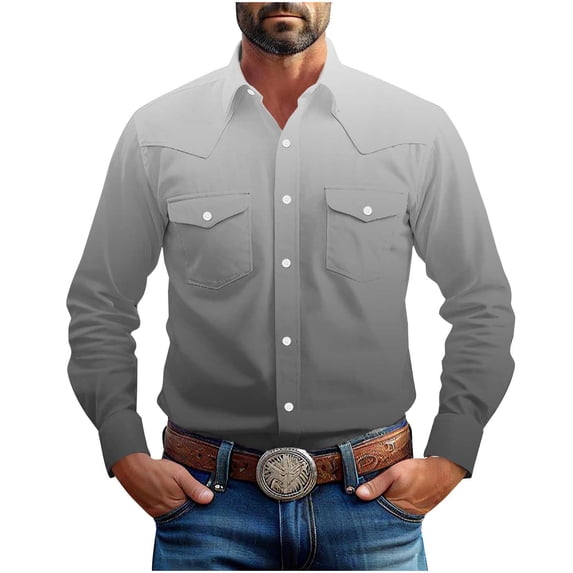 Men's Vintage Western Long Sleeve Shirt Solid Collar Dual Chest Pockets Blouses Casual Fashion Top