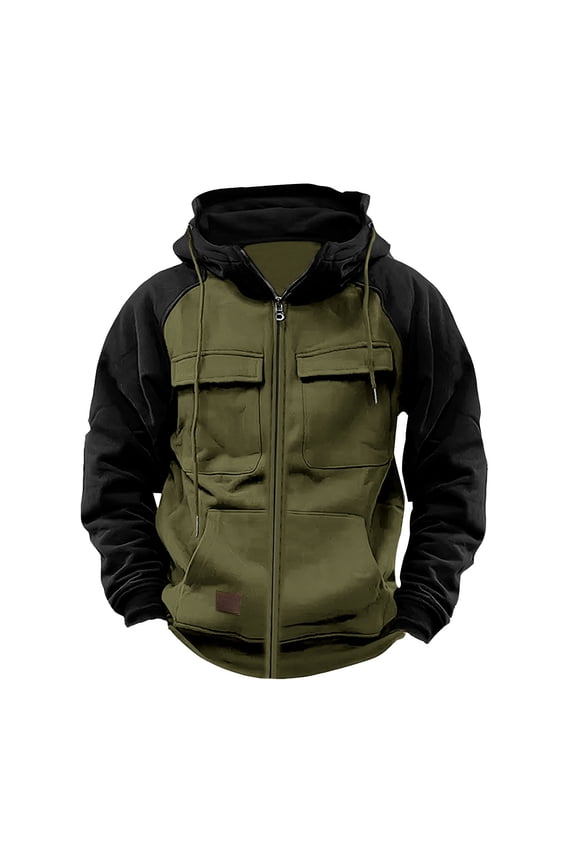 Men's Vintage Workwear Jacket Block Multi Tactical Hoodies Full Zip Fall Winter Sweatshirt Long Sleeve Cargo Hoodies with Pocket