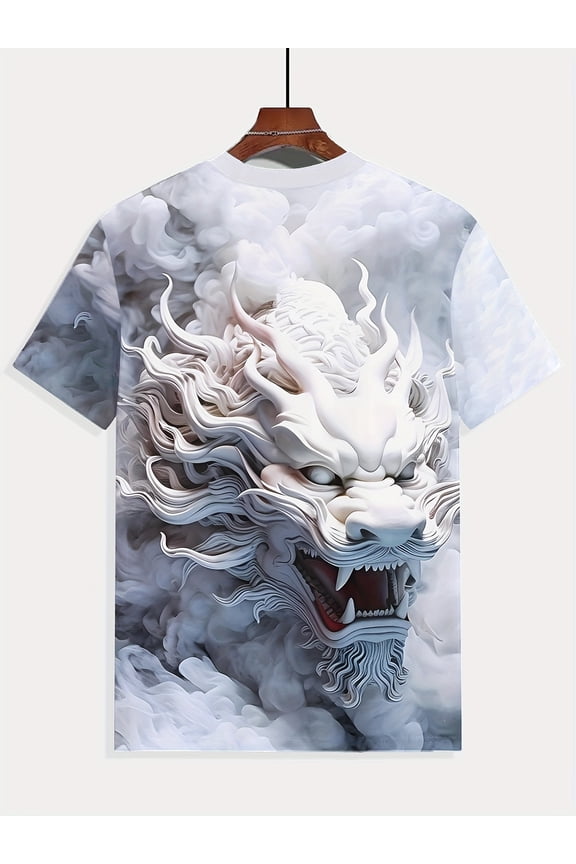 Men's Vivid 3D Cloud Dragon Print T-Shirt - Breathable Polyester Fiber, Crew Neck, Short Sleeve - Fashionable Casual Wear Suitable for Summer Outings, Gift for Him, Easter Decoration