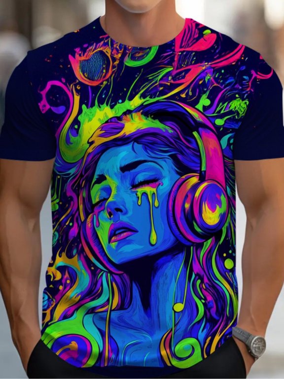 Men's Vivid Neon Art T-Shirt - Psychedelic female pattern with headphones, colorful swirl design, casual crew neck T-shirt, perfect for festivals and parties