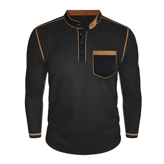 Men's Waffle Casual Sweatshirt Long Sleeve Stand Collar Button Pullover with Elbow Patches