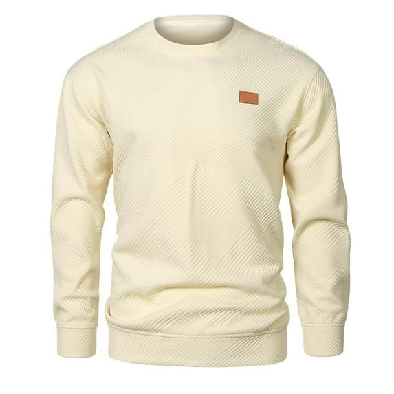 Men's Waffle Casual Tops Round Neck Solid Color Knitted Sports Sweater Long Sleeved Pullover Sweatshirt Beige S