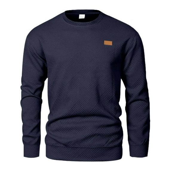 Men's Waffle Casual Tops Round Neck Solid Color Knitted Sports Sweater Long Sleeved Pullover Sweatshirt Navy S