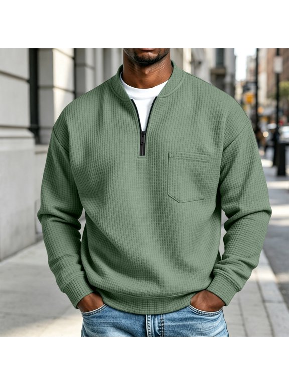 Men's Waffle Collared Sweatshirt Long Sleeve Casual Stylish Pullovers Preppy Style Workout Outerwear Tops Green XL