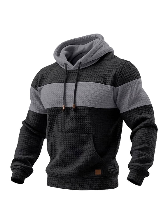 Men's Waffle Color Block Hoodie, Long Sleeve Drop Shoulder Drawstring Hooded Sweatshirt , Fall Loose Fit Casual Pullover Top with Pocket Black M