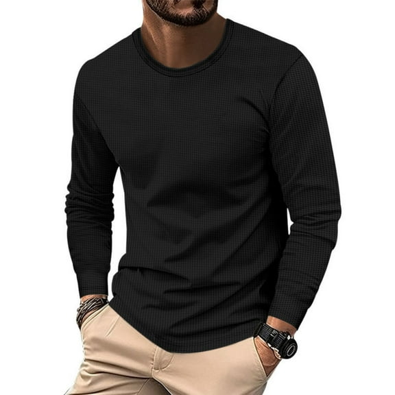 Men's Waffle Crewneck Pullover Solid Color Long Sleeve Round Neck Top Casual Loose Fit T-Shirt