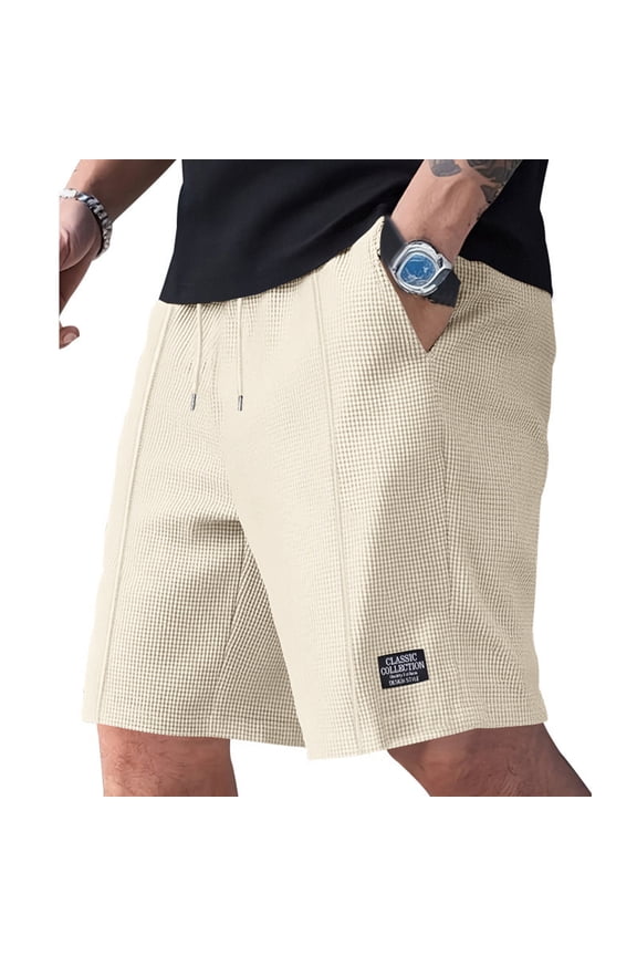 Men’s Waffle Elastic Shorts Casual Drawstring Workout Running Jogging Drawstring Breathable Waffle Short Khaki XL