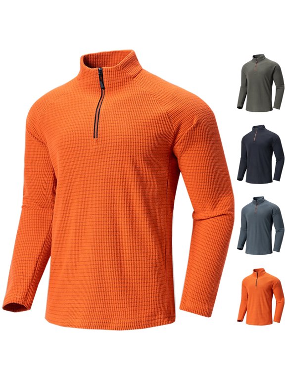 Men's Waffle Grid Fleece 1/4 Zip Sweatshirt Golf Midlayer Long Sleeve Thermal Mock Neck Pullover Tops for Running Training Workout, Orange, XL