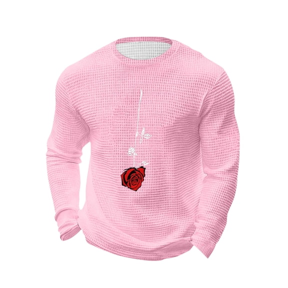Men's Waffle Heart Print Pullover Crewneck Long Sleeve Casual Tees Valentine's Day Fitness Home Wear Pajamas