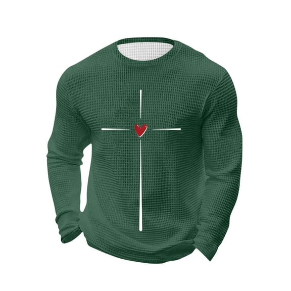 Men's Waffle Heart Print Pullover Crewneck Long Sleeve Casual Tees Valentine's Day Fitness Home Wear Pajamas