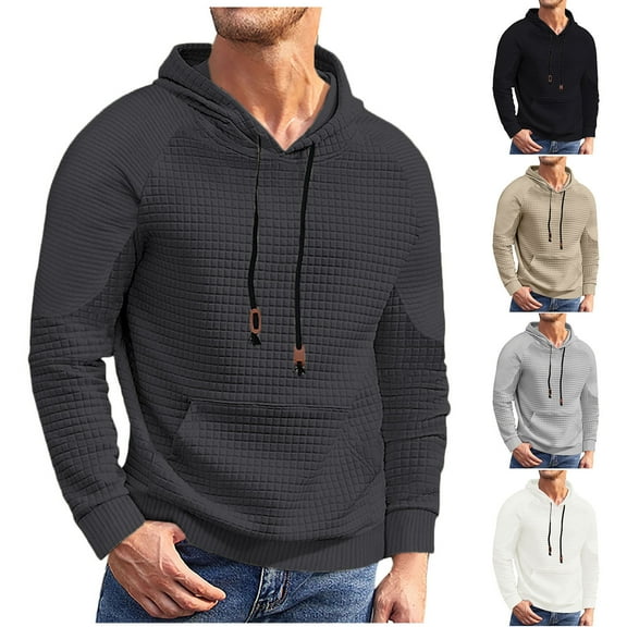 Men's Waffle Hooded Sweatshirts Drawstring Long Sleeve Pullover Oversized Hoodies Classic Cotton Sweatshirt Crewneck Sweater Autumn Winter Hoody Jacket Top Lightweight Sweatshirts