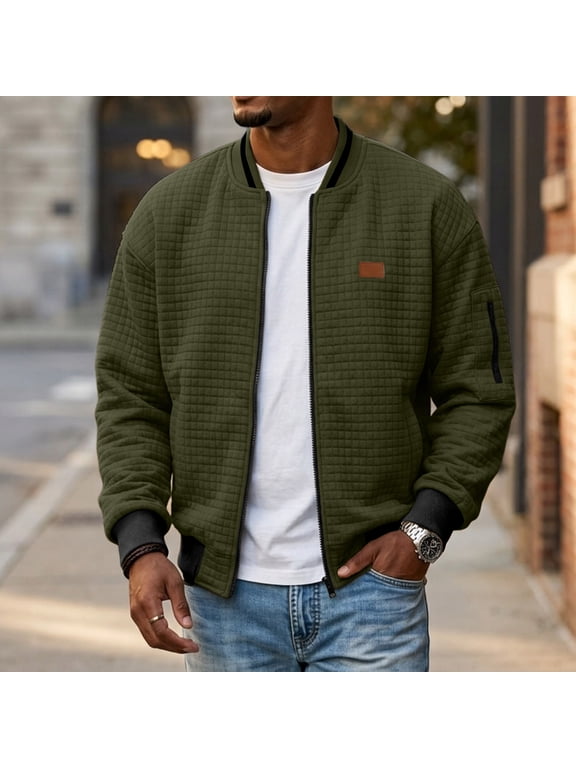 Men's Waffle Jacket Stand Rib Collar Long Sleeve Coat with Zipper Sleeve Pocket Casual Loose Fit Solid Color Fall Winter Daily Wear Army Green L