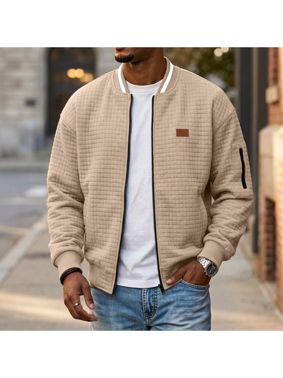 Men's Waffle Jacket Stand Rib Collar Long Sleeve Coat with Zipper Sleeve Pocket Casual Loose Fit Solid Color Fall Winter Daily Wear Khaki M
