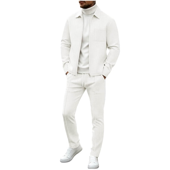 Men's Waffle Knit 2 Piece Outfit, Collared Button Front Shacket & Wide Leg Pants, Casual Textured Matching Tracksuit Set