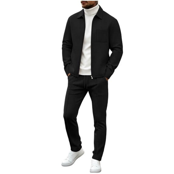 Men's Waffle Knit 2 Piece Outfit, Collared Button Front Shacket & Wide Leg Pants, Casual Textured Matching Tracksuit Set