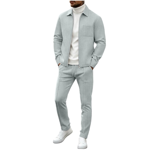 Men's Waffle Knit 2 Piece Outfit, Collared Button Front Shacket & Wide Leg Pants, Casual Textured Matching Tracksuit Set