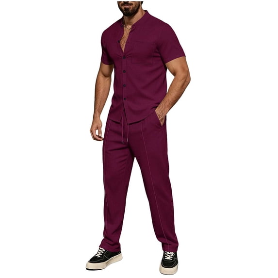 Men's Waffle Knit 2 Piece Tracksuit Outfit, Mandarin Collar Short Sleeve Button Down Shirt & Drawstring Straight Leg Pants Big and Tall Size S-3XL Wine