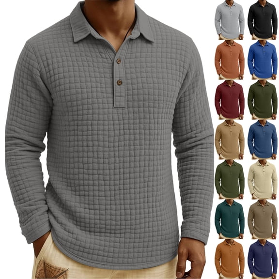 Men's Waffle Knit Button-Down Collar Pullover Sweatshirt, Long Sleeve Casual Daily Wear Top for Fall Spring,Saffron,L
