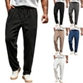 thumbnail image 1 of Men's Waffle Knit Casual Pants Fashion Loose Fit Straight Leg Button Closure Drawstring Elastic Waist for Travel Daily Wear Fall, Black, L, 1 of 9