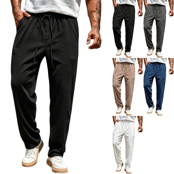 Men's Waffle Knit Casual Pants Fashion Loose Fit Straight Leg Button Closure Drawstring Elastic Waist for Travel Daily Wear Fall, Black, L