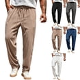thumbnail image 1 of Men's Waffle Knit Casual Pants Fashion Loose Fit Straight Leg Button Closure Drawstring Elastic Waist for Travel Daily Wear Fall, Khaki, XL, 1 of 9