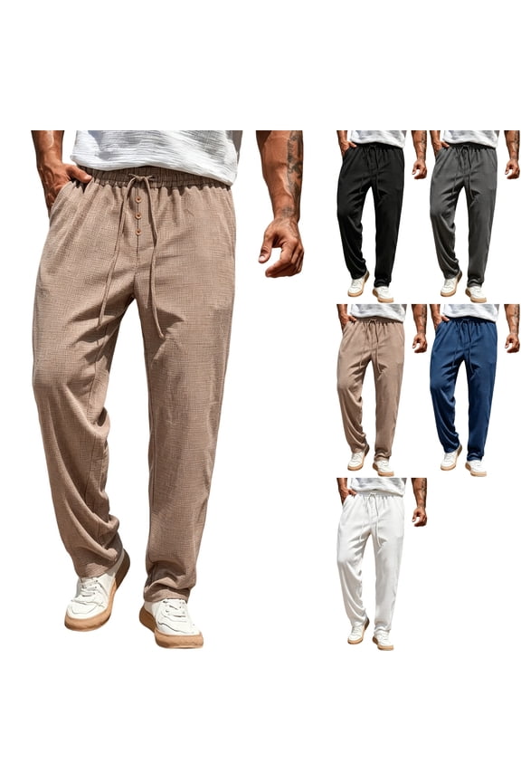 Men's Waffle Knit Casual Pants Fashion Loose Fit Straight Leg Button Closure Drawstring Elastic Waist for Travel Daily Wear Fall, Khaki, XL