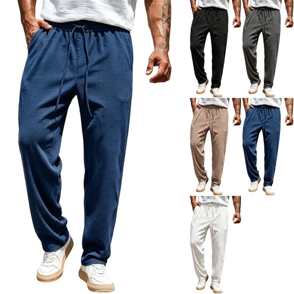 Men's Waffle Knit Casual Pants Fashion Loose Fit Straight Leg Button Closure Drawstring Elastic Waist for Travel Daily Wear Fall, Navy, XL