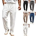 thumbnail image 1 of Men's Waffle Knit Casual Pants Fashion Loose Fit Straight Leg Button Closure Drawstring Elastic Waist for Travel Daily Wear Fall, White, L, 1 of 9