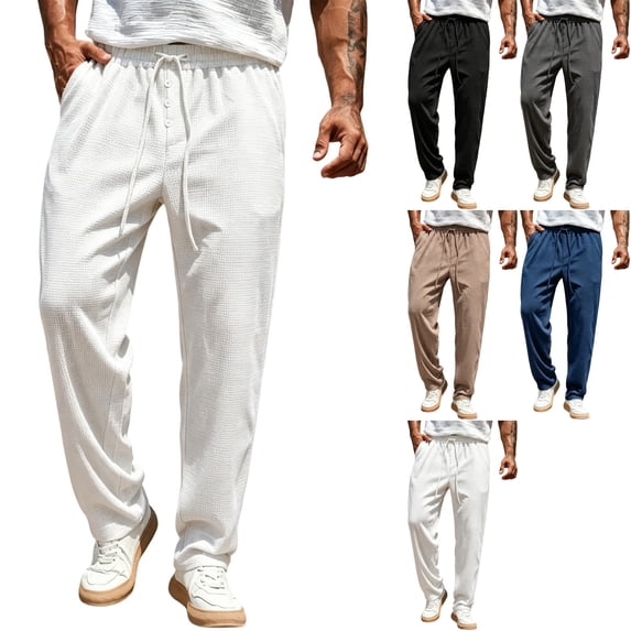 Men's Waffle Knit Casual Pants Fashion Loose Fit Straight Leg Button Closure Drawstring Elastic Waist for Travel Daily Wear Fall, White, L