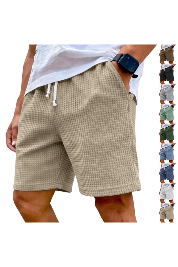 Men's Waffle Knit Casual Shorts Drawstring Elastic Waist Shorts with Side Pockets, L