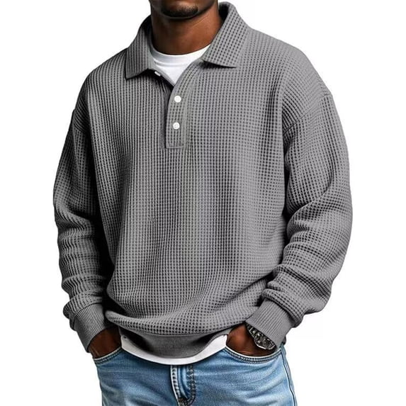 Men's Waffle Knit Collared Shirt Long Sleeve Button Front Casual Pullover Sweatshirt Polo Top