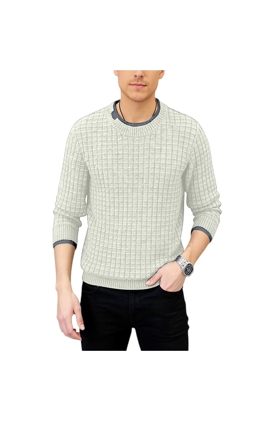 Men's Waffle Knit Crew Neck Sweater Long Sleeve Casual Pullover Lightweight Top