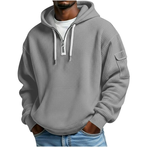 Men's Waffle Knit Half Zipper Hoodies Casual Hooded Sweatshirts with Drawstring Arm Pocket Athletic Pullover Tops Fashion Trendy Outfits Gym Running Tops Tactical Military Clothes