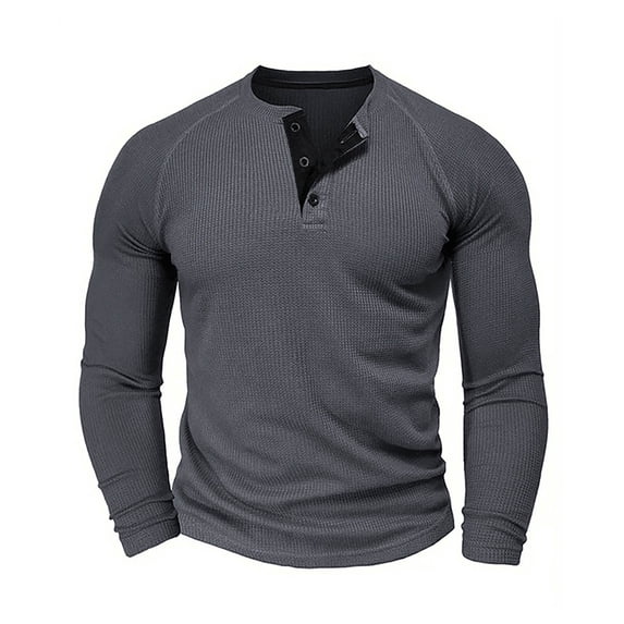 Men's Waffle Knit Henley Shirt Button Solid Color Fitted Sweatshirt Casual Long Sleeve Knit Top