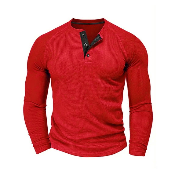 Men's Waffle Knit Henley Shirt Button Solid Color Fitted Sweatshirt Casual Long Sleeve Knit Top