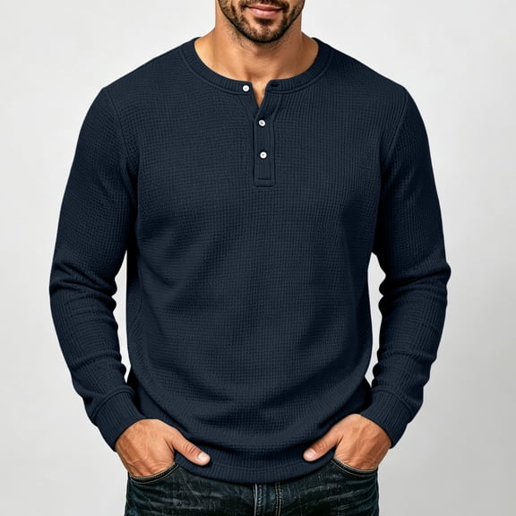 Men's Waffle Knit Henley Shirt Long Sleeve Casual Button Placket Top with Raglan Sleeves Ribbed Cuffs Solid Color Loose Fit Lightweight Breathable Thermal Base Layer Fall Winter Wear Basic Navy L