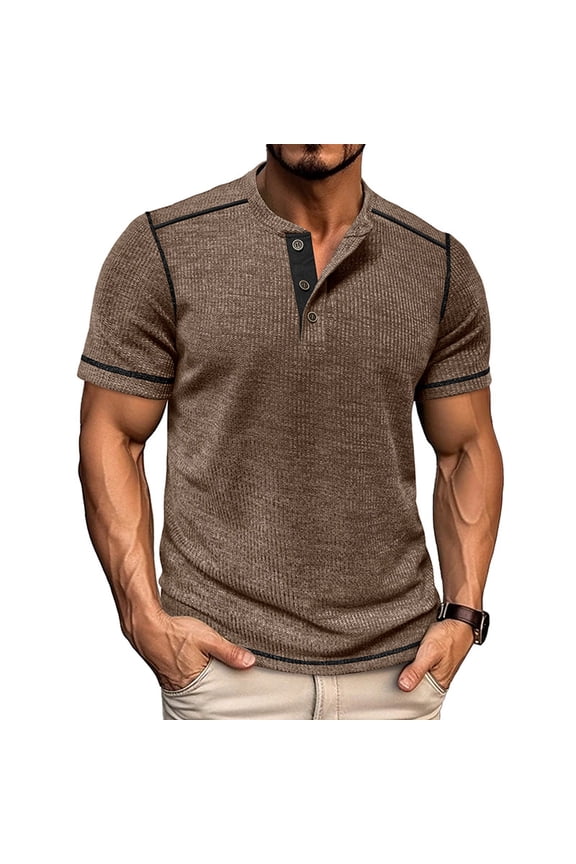 Men's Waffle Knit Henley Shirt Short Sleeve Button Neck Casual T-Shirt Soft & Lightweight For Summer Daily Wear Basic Tops,Khaki,M