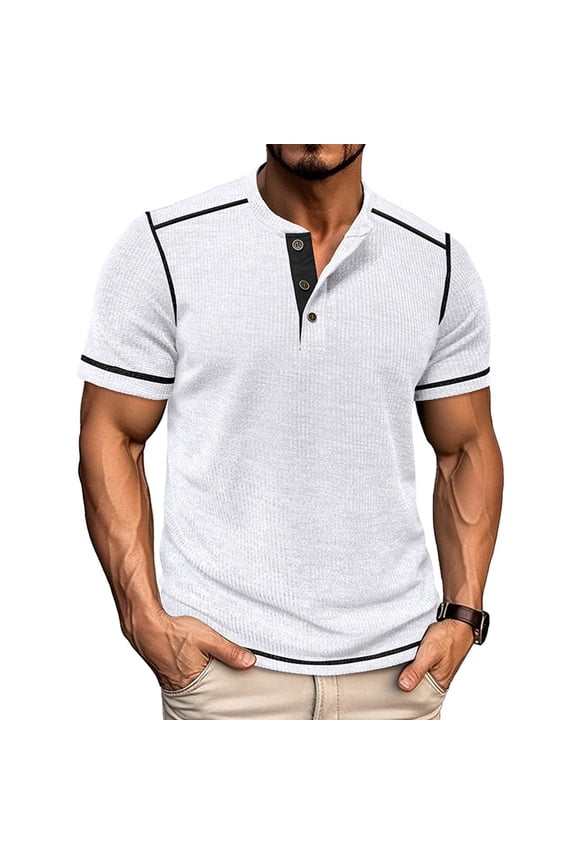 Men's Waffle Knit Henley Shirt Short Sleeve Button Neck Casual T-Shirt Soft & Lightweight For Summer Daily Wear Basic Tops,White,M