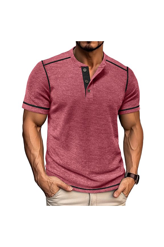 Men's Waffle Knit Henley Shirt Short Sleeve Button Neck Casual T-Shirt Soft & Lightweight For Summer Daily Wear Basic Tops,Wine,M