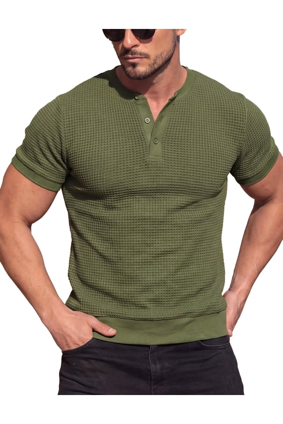 Mens Textured Knit Henley Shirts Short Sleeve 3-Button Fashion T-Shirts Casual Pullover Tee Lightweight Tops Army Green 2XL