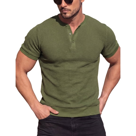 Mens Textured Knit Henley Shirts Short Sleeve 3-Button Fashion T-Shirts Casual Pullover Tee Lightweight Tops Army Green M