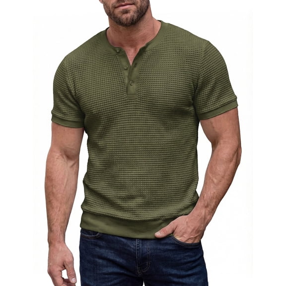 Mens Textured Knit Henley Shirts Short Sleeve 3-Button Fashion T-Shirts Casual Pullover Tee Lightweight Tops Army Green M