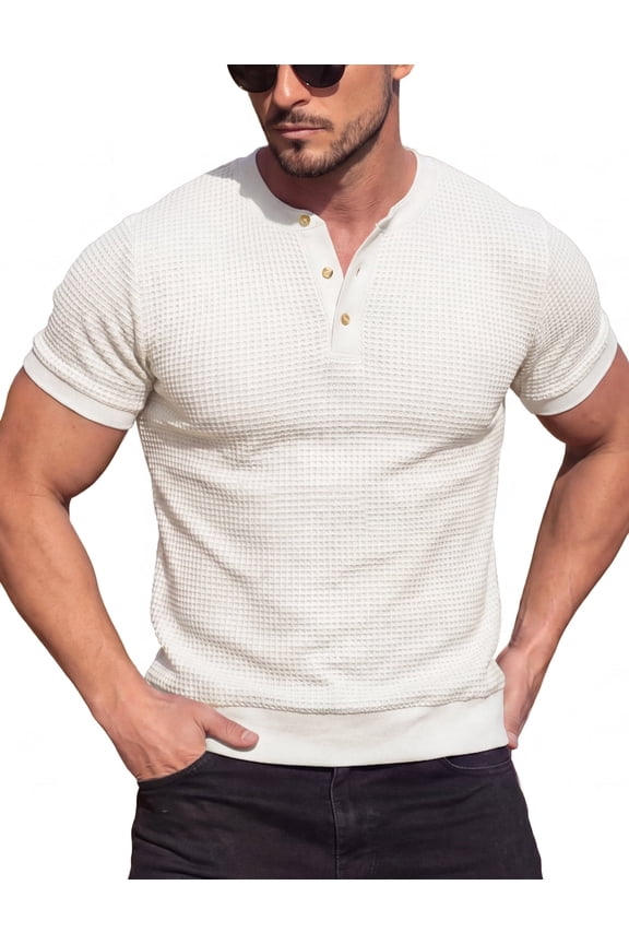 Mens Textured Knit Henley Shirts Short Sleeve 3-Button Fashion T-Shirts Casual Pullover Tee Lightweight Tops White L
