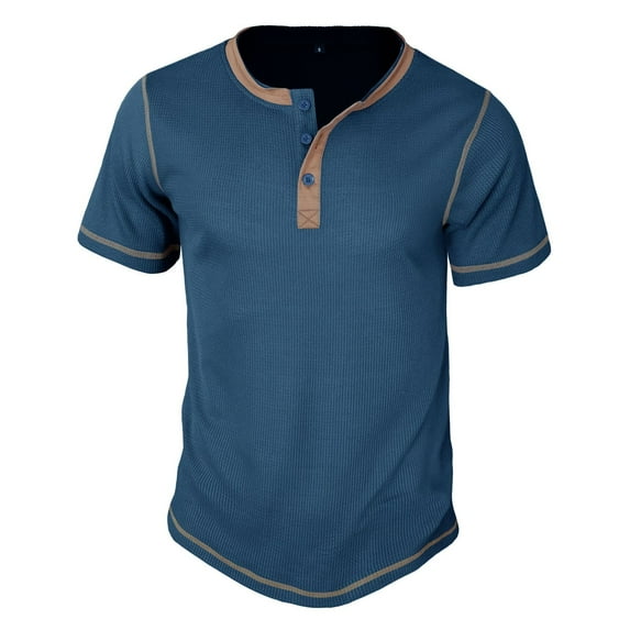Men's Waffle Knit Henley Shirt Short Sleeve Summer Top Classy Vintage 3 Button Placket T Shirt Contrast Color Soft Slim Fit Stretch Dark Blue Small