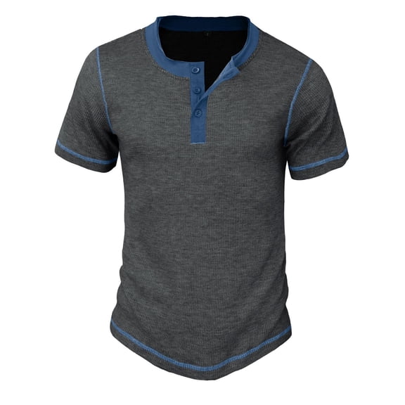 Men's Waffle Knit Henley Shirt Short Sleeve Summer Top Classy Vintage 3 Button Placket T Shirt Contrast Color Soft Slim Fit Stretch Dark Grey X-Large