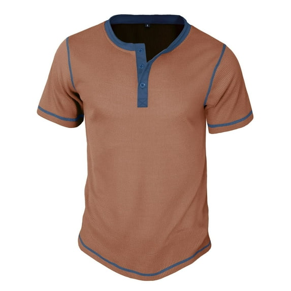 Men's Waffle Knit Henley Shirt Short Sleeve Summer Top Classy Vintage 3 Button Placket T Shirt Contrast Color Soft Slim Fit Stretch Khaki 3X-Large
