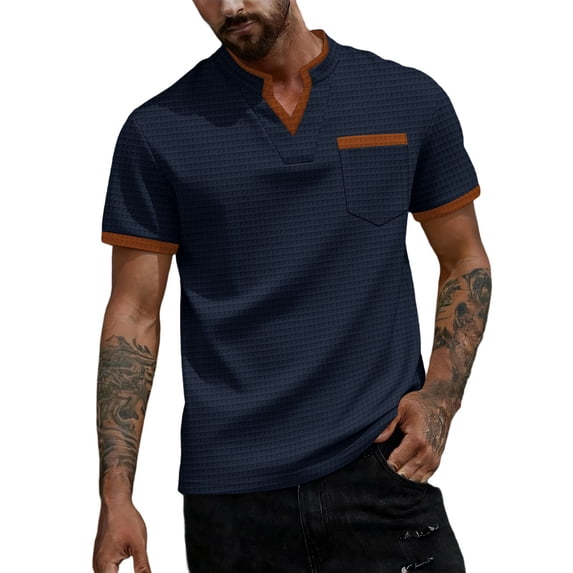 Men's Waffle Knit Henley T-Shirt Notch V Neck Short Sleeve Casual Summer Beach Top Color Block Breathable Shirt Regular Fit Lightweight Fashion Tee with Pocket
